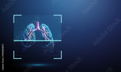 3d blue human lungs with red bronchial tree inside digital scanning frame. Respiratory system examination, pulmonary diagnostics, inflammation detection, radiology imaging concept.