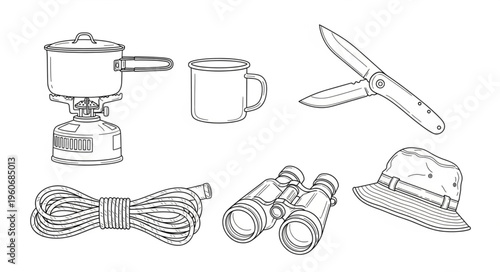 Camping Essentials - Stove, Mug, Knife, Rope, Binoculars, and Hat Illustration.