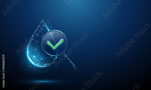 3d blue water drop under magnifying glass with green check mark. Water quality analysis, purity testing, environmental monitoring, laboratory verification concept.