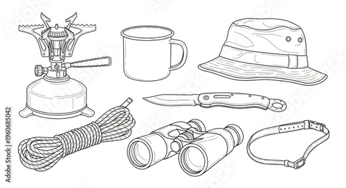 Camping Gear Line Art - Stove, Mug, Hat, Knife, Rope, Binoculars, Belt.