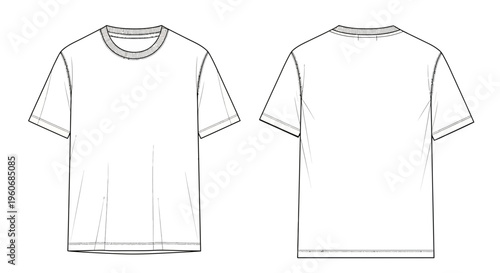 A line drawing of a short sleeved t shirt from the front and back