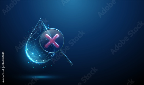 3d water drop under magnifying glass with red cross. Water contamination detection, unsafe drinking water alert, failed purity test, sanitation risk assessment concept.