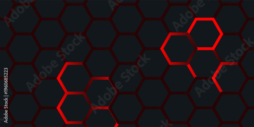 Abstract futuristic dark Metallic Hexagons with Glowing red light, 3D Rendering. vector illustration