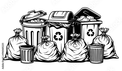 A black and white illustration of trash cans and recycling bins with garbage bags