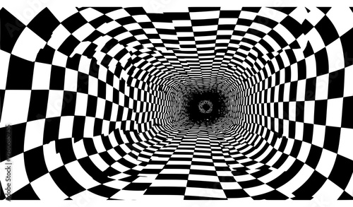 A black and white optical illusion of a checkerboard tunnel
