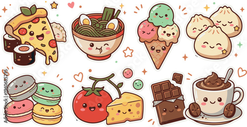 Adorable Kawaii Food Sticker Set including Ramen and Chocolate
