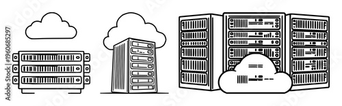Server rack icon set with professional UI design of a high-capacity data server rack and cloud infrastructure symbol featuring server, rack, cloud, data storage, network with minimalism and vector