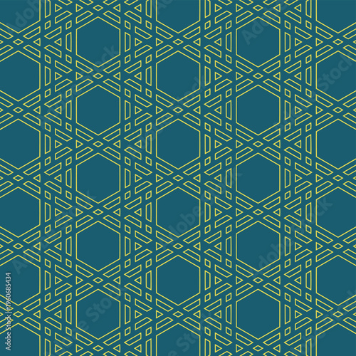 Seamless Geometric Hexagon Pattern With Gold Lines On Teal Background Decorative Tile Motif