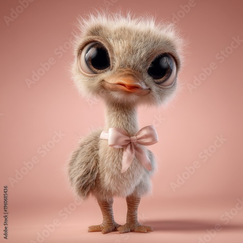 Cute baby ostrich wearing bow on beige background illustration