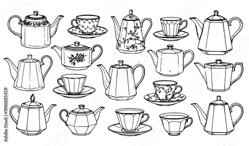 A collection of various tea sets and teapots in a minimalist line art style