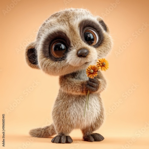Cute baby meerkat holding flowers on beige background illustration