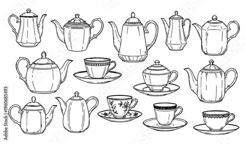 A set of vintage tea pots and cups in a minimalist line art style