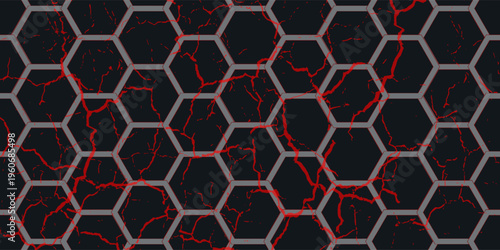 Abstract futuristic dark Metallic Hexagons with Glowing red light, 3D Rendering. vector illustration