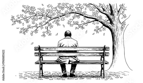 A man sits alone on a park bench under a tree