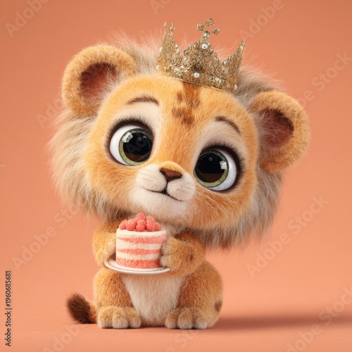 Cute baby lion wearing crown holding cake beige background