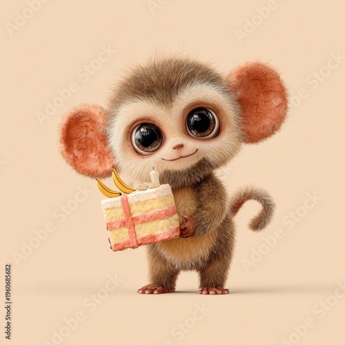 Cute baby monkey holding gift box beige background illustration