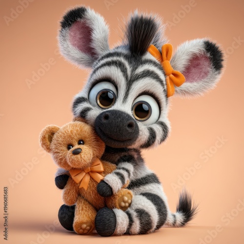 Cute baby zebra holding teddy bear on beige background