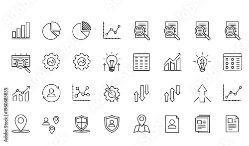A collection of business and finance icons in a minimal line art style