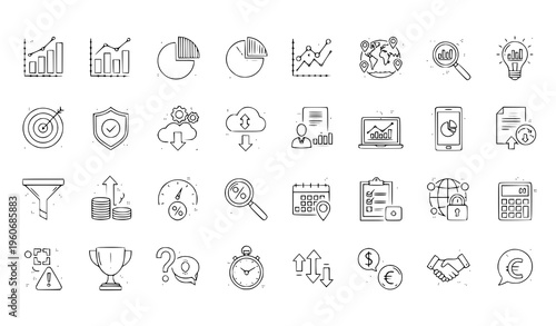 A collection of business and finance icons in a minimalist line art style