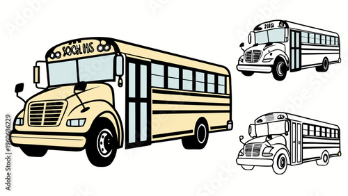 "A professional, high-resolution vector illustration set of a modern school bus presented from a front-facing perspective in three distinct styles, isolated on a solid white background. The set includ