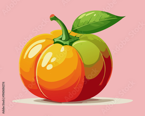 Round orange fruit with green stem for fresh citrus juice and organic healthy food - Vector Illustration