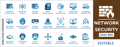 Network security icon set featuring firewall protection, secure server, VPN connection, data encryption, biometric authentication, intrusion detection, and cyber defense symbols.