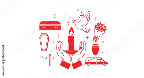 Funeral and Mourning Icons: Candle, Dove, Coffin, Urn, Hearse, Flowers