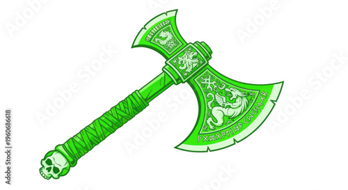 Fantasy Double-Bladed Axe with Dragon and Runes, Green Color