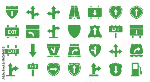 Green Road Signs and Traffic Symbols Icon Set - Navigation and Direction Graphics