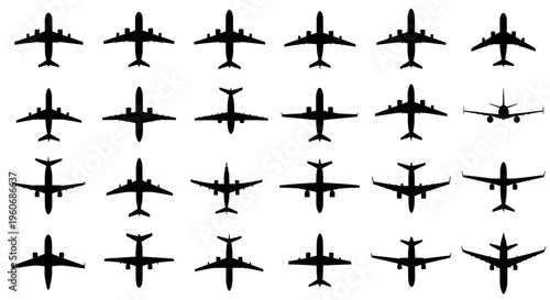 Collection of airplane silhouettes in various orientations and configurations