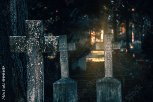 Ancient Mossy Graves In Deep Forest