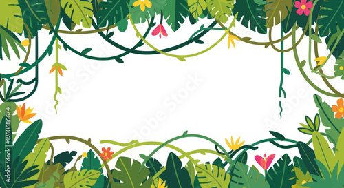Jungle Vines Frame with Tropical Leaves and Flowers, Exotic Nature Border