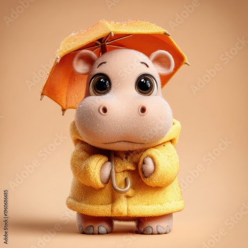 Cute baby hippopotamus holding umbrella on beige background illustration