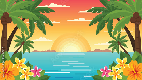 summer vacation background featuring blue ocean, coconut trees, hibiscus flowers and warm sunny sky