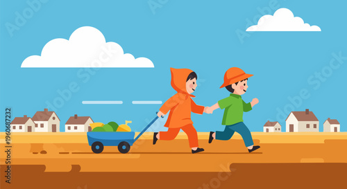 Flat vector illustration of children running and pulling a wagon, happy kids playing outdoors in a rural village, childhood summer fun concept