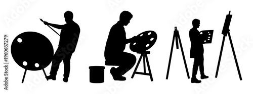 Paint palette artist silhouette set with stylized black and white illustration featuring artist, palette, brushes with composition and line art