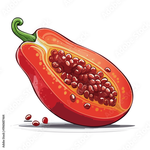 Half cut papaya showing vibrant orange pulp and black seeds for nutritional health charts - Vector Illustration
