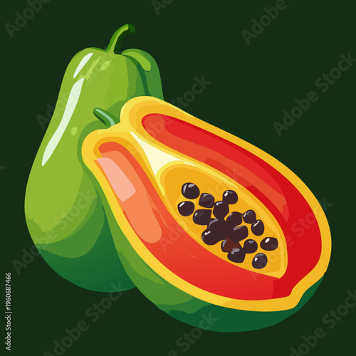 Ripe papaya with green and orange skin for tropical farm fresh produce market visuals - Vector Illustration