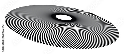 Abstract geometric circular pattern of black curved lines on white background. Minimalist vector illustration of vortex shape with perspective and optical illusion effect.
