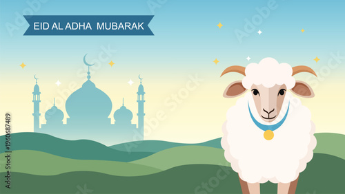 Eid al adha Mubarak greeting card with cute sheep and mosque silhouette