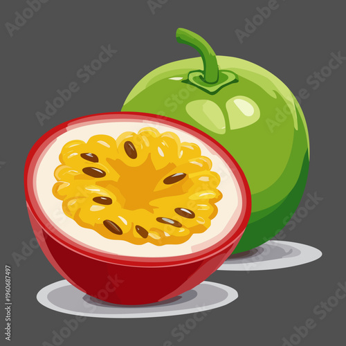 Green passion fruit cut in half showing yellow seeds for sour tropical flavor themes - Vector Illustration