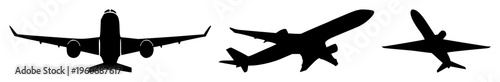 Commercial airplane set with minimalist vector icon ascending at a slight upward angle featuring clean lines, solid black fill, monochrome palette with high contrast and professional travel aesthetic