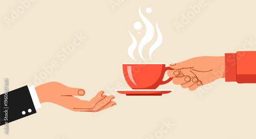 Minimalist flat vector illustration of hand giving hot coffee cup to another person, morning break and hospitality concept, red ceramic mug with steam