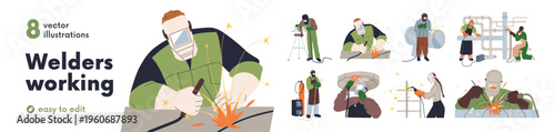 Welders welding metal pipes, steel pipelines set. Industrial workers in masks work with iron. Fixing, building, repairing, metalworking. Flat graphic vector illustrations isolated on white background