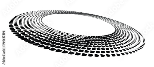 Abstract spiral ring logo icon in 3D perspective. Vector geometric circle shape with repetitive black segments isolated on white.