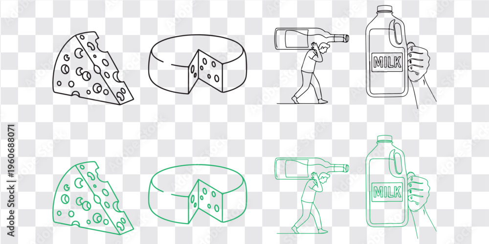 Fototapeta premium Cheese Dairy Products Food Illustration Set Vector Line Art Icon Collection
