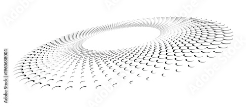 Torus ring shape built from repeating black crescent arcs arranged in perspective, simulating halftone volume. Monochrome vector geometric illustration isolated on white.