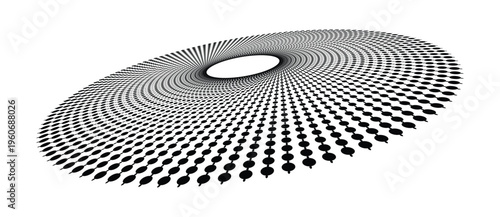 Elliptical torus disc with open oval hole and radiating rows of lens-shaped elements expanding outward in perspective. Monochrome halftone vector illustration isolated on white background.