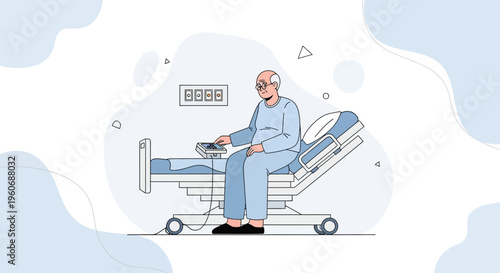 Elderly patient in hospital bed with medical monitor, healthcare concept