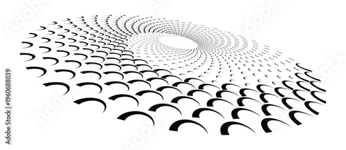 Elliptical torus disc with hollow center built from repeating semicircular arch shapes in concentric perspective arrangement. Monochrome halftone vector illustration isolated on white background.